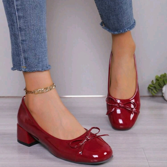 New 2024 Women Classic Red High Heels Ballet Flats With Square Toe, Chunky/Low - Picture 3 of 7